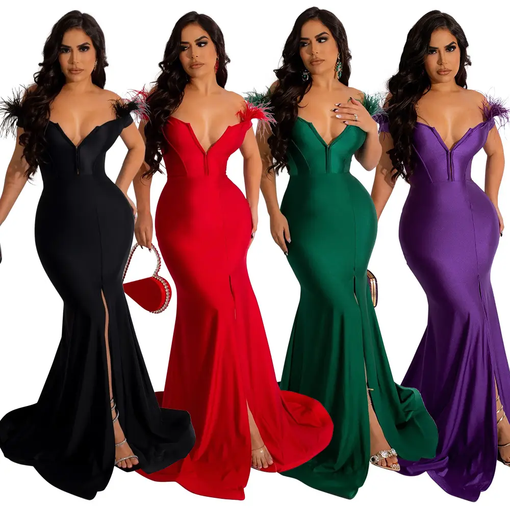 Fashionable V Neck Sleeveless Off The Shoulder Spring Autumn Satin Stretch Zipper Backless Maxi Dress Padded Evening Party Dress