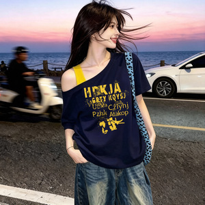 <span class=keywords><strong>Camiseta</strong></span> de Manga Corta para Mujer, Diseño 2026, Estilo Americano, con <span class=keywords><strong>Hombros</strong></span> <span class=keywords><strong>Descubiertos</strong></span>, Estilizada, que Estiliza la Figura, para Verano - Product Image 2