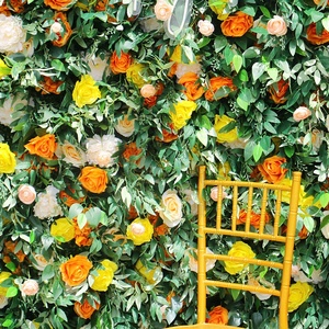 Parete di Fiori Artificiali con Foglie Verdi, Rose Gialle e Arancioni, Decorazione per Matrimoni e Sfondi - Product Image 3