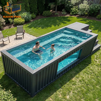 Spa jacuzzi modulaire exclusif de 40 pieds en fibre de verre, grand conteneur hors sol avec piscine à débordement de 20 pieds sur le côté.