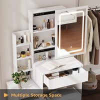 Coiffeuse moderne en MDF écologique avec miroir, tabouret, éclairage LED à luminosité réglable, 6 étagères dissimulées et 4 compartiments de rangement pour maquillage