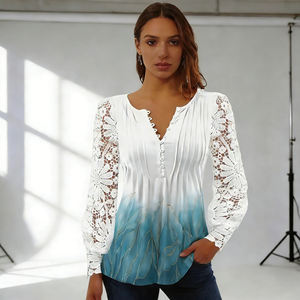 Chemise élégante à col en V avec imprimé ombré et patchwork en dentelle, boutonnée, pour le quotidien, le travail de bureau - Product Image 6