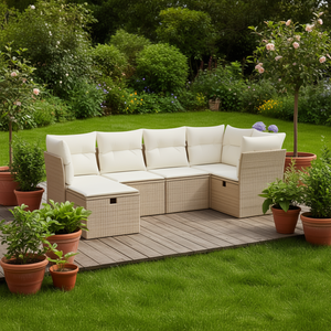 Ensemble de canapés de jardin beige en rotin, mobilier d'extérieur avec coussins en mousse haute densité, design contemporain imperméable - Product Image 2