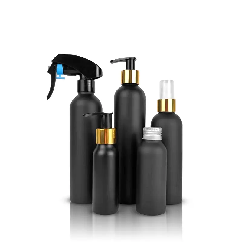 Mat siyah sprey metal kozmetik temizleyici cilt sprey 100ml 250ml 300ml alüminyum pompa şişeleri losyon şampuan