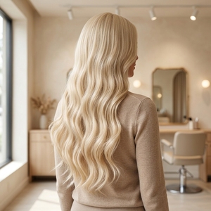Peluca Sintética Larga Ondulada Rubia Platino Marrón Claro con Encaje, Hecha a Máquina, con Flequillo y Línea de <span class=keywords><strong>Cabello</strong></span> Natural, Resistente al Calor para Mujeres - Product Image 3