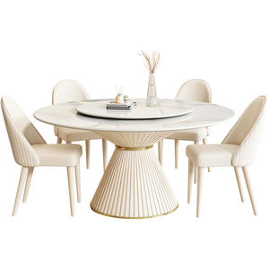 Table à manger ronde contemporaine avec plateau en marbre blanc et piédestal à colonnes cannelées pour mobilier de salle à manger moderne - Product Image 4