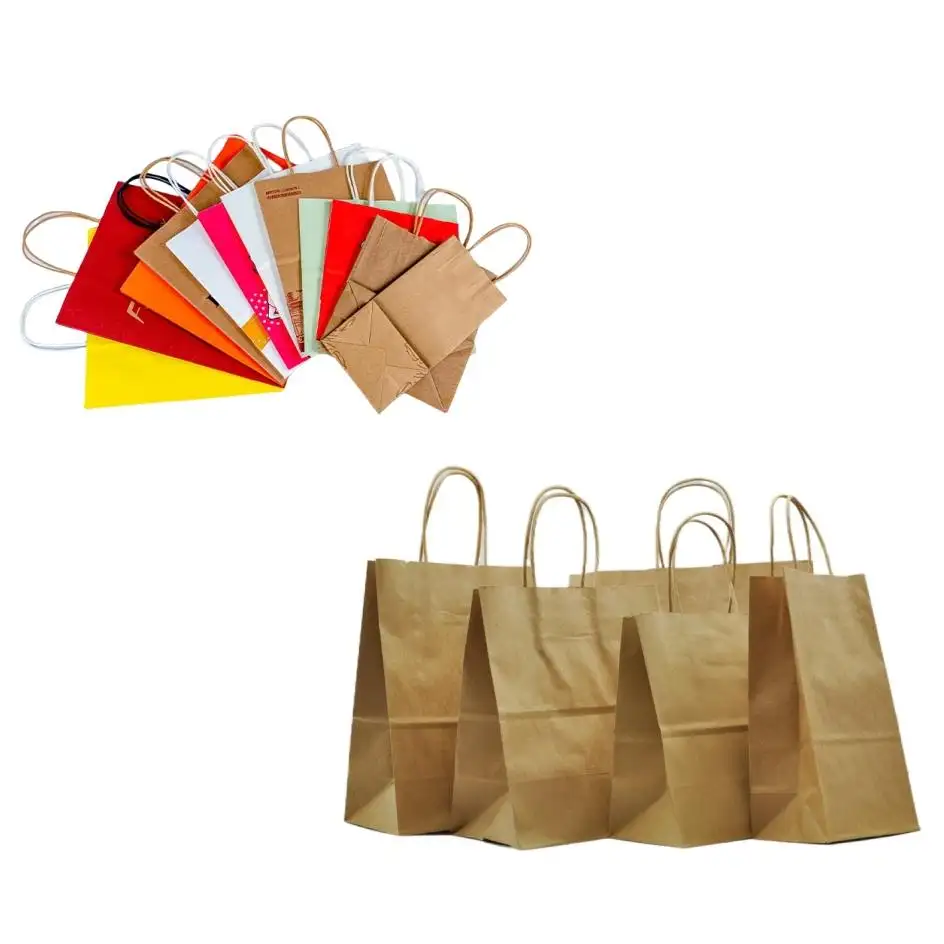 Sacchetto di carta con Logo personalizzato riciclato all'ingrosso con manico ristorante regalo Shopping marrone sacchetti di carta Kraft per piccole imprese