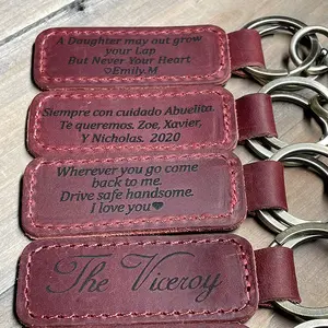 Personalized Luxury Cowhide Leather Keychain Custom Engraved Logo Gold Ring Crazy Horse Blank Frame Holder For Christmas Gifts