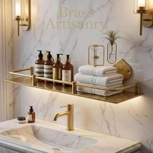 Étagère murale de salle de bain en laiton massif gravé, organisateur de rangement en métal martelé fait main de style marocain pour la décoration de la maison et de la salle de bain - Product Image 5