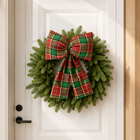 Noeuds de Noël en tissu écossais rouge et vert scintillant de haute qualité, style américain, fabriqués à la machine, décorations pour arbre de Noël