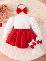Combinaison bébé fille printemps en coton style princesse avec manches bulles 3D, jupe à nœud, bandeau et chaussettes