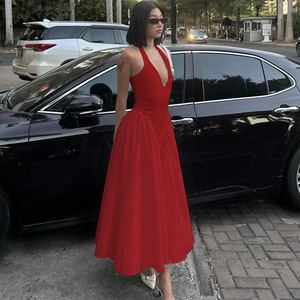 Best-Selling New Solid Color Sexy Deep V Hollow-Out Halter Neck Elegant Floor-Length A-Line Skirt <strong>Women's</strong> - Product Image 2