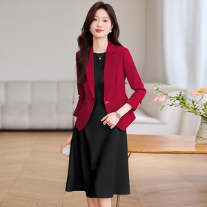 Women's Two Piece Suit Set Blazer And Dress Solid Color Polyester Satin Anti Wrinkle Spring Autumn Wear - Product Image 2