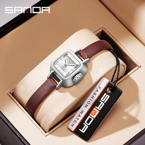 Montre-bracelet à quartz Sanda 1117 pour femme, cadran carré, bracelet en cuir, étanche, en acier inoxydable doré, tendance - Product Image 4