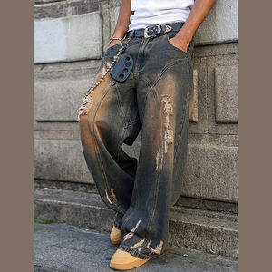 DiZNEW 2025 <span class=keywords><strong>Jeans</strong></span> Masculino Estilo Retrô Streetwear com Efeito Desgastado e Recortes, Moderno e Versátil - Disponível em Tamanhos Grandes, Baixo MOQ - Product Image 4