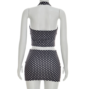 Viviblook Y26ST093 Ensemble deux pièces sexy d'été pour femme : débardeur dos nu à boutons et jupe mini moulante à pois - Product Image 3