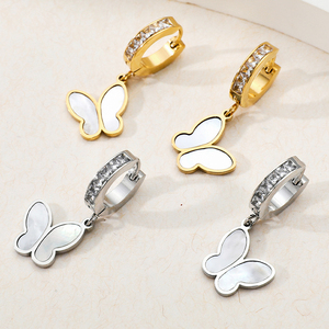 2022 Best Selling Rhinestone Inlaid Stainless Steel <strong>Ear</strong> Buckle Natural Pearl <strong>Shell</strong> Slice butterfly Shaped Hoop Earring - Product Image 4