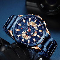 Reloj de Lujo para Hombre CURREN de Cuarzo Azul, Cronógrafo Deportivo, de Moda y de Negocios con Correa de Acero Inoxidable