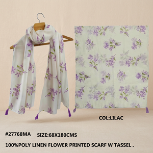 Traditional Ethnic Floral Poly Linen Scarf - Fringed Tassel <b>Shawl</b> & Breathable Daily Wear <b>Wrap</b> - Product Image 2