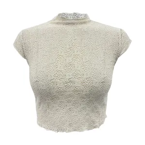 women ladies knit short-sleeve fashion lace soft round-neck T-shirt