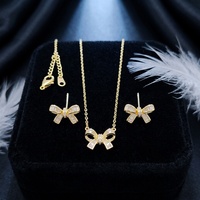 Luxury Baguette Zircon Copper Bowknot <strong>Set</strong> 18K Gold Plated Ribbon Necklace Stud Earrings Bridal Wedding Gift 2026 Trending