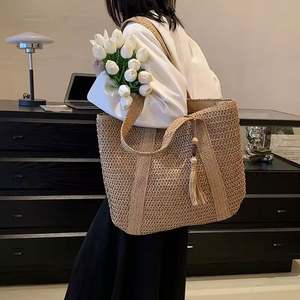 Sac de plage en paille tissé à la main pour femmes, grand sac de plage d'été, poignées en cuir, sac à main - Product Image 5