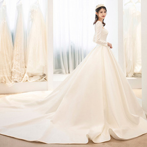 Long Sleeve Square Neck Satin A-Line Backless Wedding Dress Floor Length Train Hepburn Style - Product Image 2