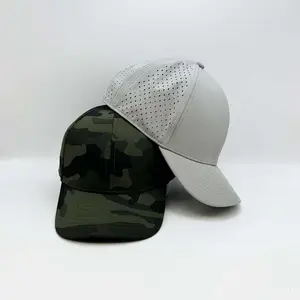 Camo su geçirmez lazer kesim delik delikli Golf şapkaları PVC 3D işlemeli Logo özelleştirilmiş kavisli ağız 6 panel spor beyzbol kapaklar