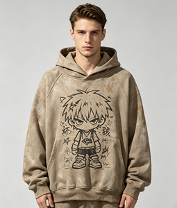 Felpa con Cappuccio Oversize da Uomo Stile Street Distressed con Stampa Personalizzata Kornit, Effetto Vintage Lavato, Cartone Animato Anime Bad Boy, con Tasca, 100% Cotone - Product Image 1