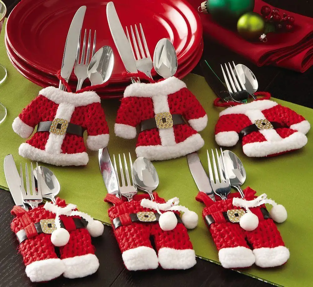 Christmas Decorative Tableware Storage Mini Santa Claus Clothes Pants Knife Fork Cover Set Festival Cutlery Holder Pockets Bag