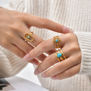 Bague ouverte en acier inoxydable plaqué or 18 carats pour femme, incrustation de turquoise naturelle, Hamsa, yeux de protection, creuse, style vintage bohème, ajustable - Product Image 4