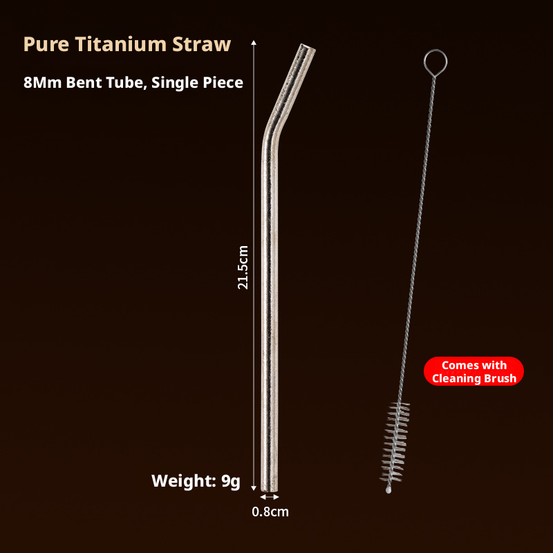 Titanio puro argento 8mm sottile curvo con cannuccia - spazzolino per la pulizia incluso