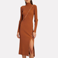 Nouvel arrivage Robe longue décontractée grande taille pour adultes, tricot côtelé ligne femme Midi, fermeture à boutons, motif d'automne naturel