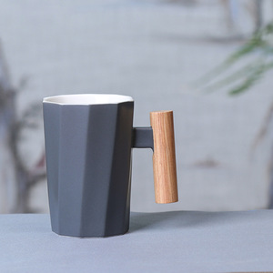 <b>Ceramic</b> Mug With Wooden Handle Ten Cornered Solid Color Office Use Presents - Product Image 1