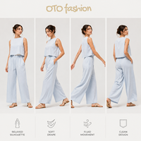 Ensemble pantalon deux pièces en mousseline pour femme, haut court sans manches à col rond et pantalon large à taille élastique, tenue décontractée d'été assortie