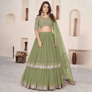 Modern Solid Woven <b>Green</b> <b>Sequin</b> Lace Lehenga Choli Georgette Dupatta Quick Dry Women Ethnic Outfit for Wedding Diwali - Product Image 1