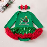 Ensemble 3 pièces prêt à expédier pour bébé fille : Robe tutu de Noël « Mon 1er Noël », tenue rouge à manches longues en tulle à sequins avec bandeau et chauffe-jambes