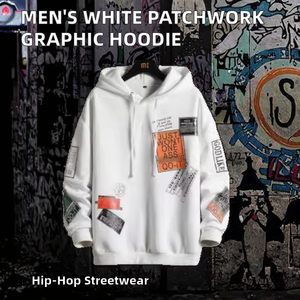 Sweat-shirt à capuche ample blanc pour homme, motif patchwork personnalisé, imprimé multi-éléments, écologique, idéal pour l'automne - Product Image 1