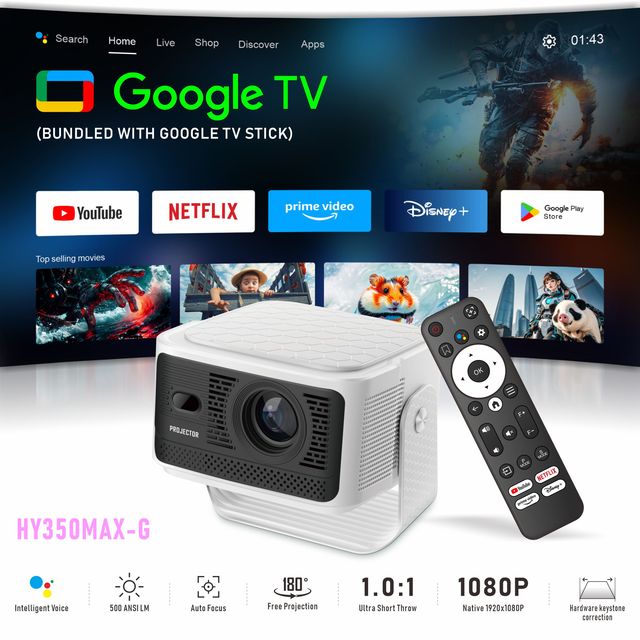 HY350MAX Google TV Projector 1080P 500 ANSI Lumens Auto Keystone HDR10+ Smart Home Theater Projector WiFi