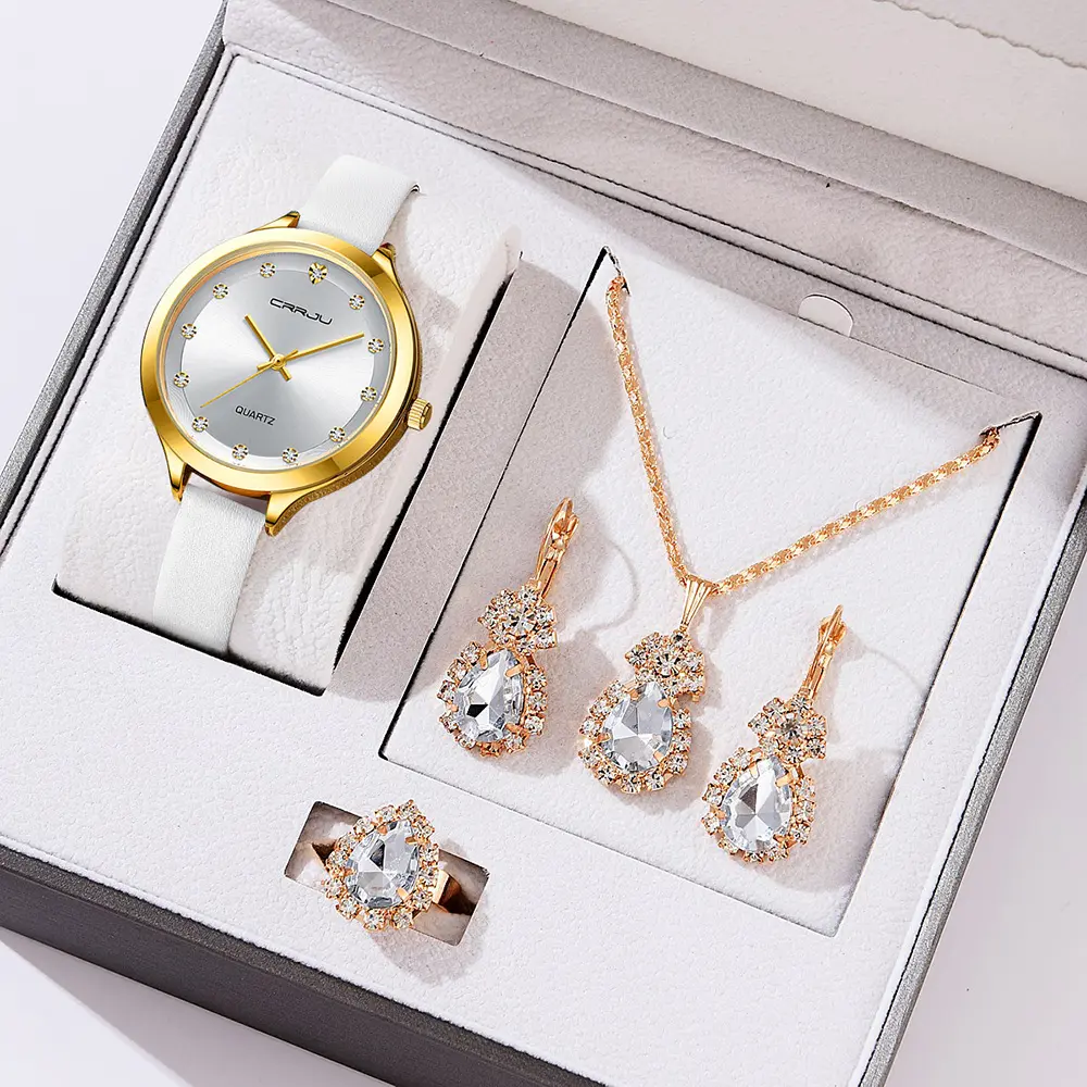 ชุดของขวัญนาฬิกาควอตซ์สำหรับผู้หญิงแฟชั่นใหม่ชุดของขวัญสร้อยคอต่างหูแหวนนาฬิกาควอตซ์หนังนาฬิกาข้อมือ relojes trajes