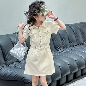 Girl's <strong>Dresses</strong> 2026 <strong>Teenager</strong> Girl's Short Sleeve Pink Beige A-line Buttons <strong>Dress</strong> - Product Image 2