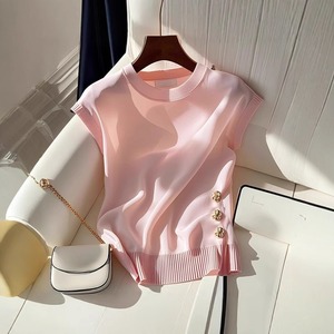 Camiseta de Punto sin Mangas con Cuello Redondo Rosa, Estilo Francés, Ligera y de Lujo, para Mujer, Verano 2026 - Product Image 1