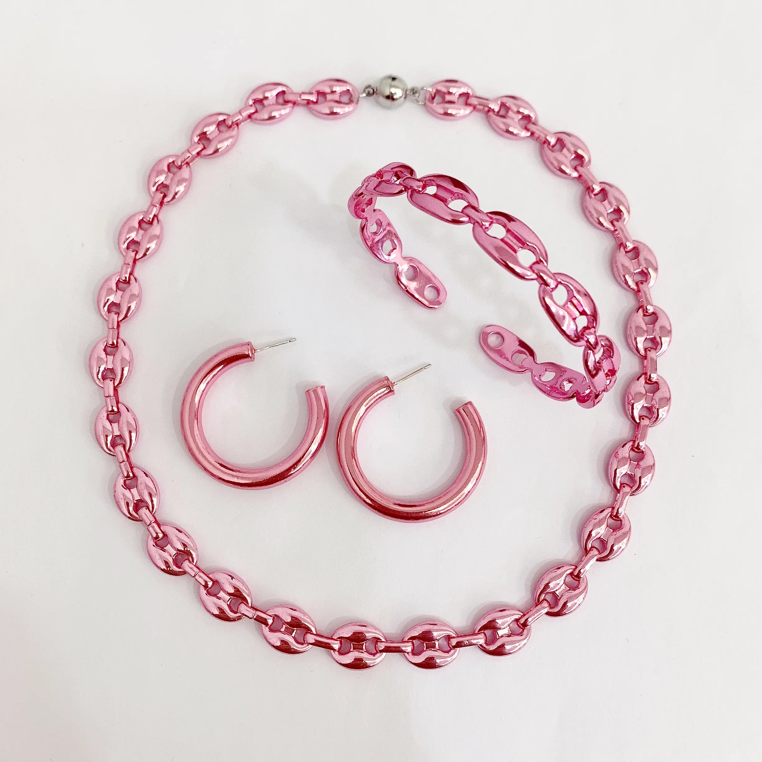 LS-L1723 Beautiful pink fashion necklaces chain necklace metallic hoop earring jewelry set