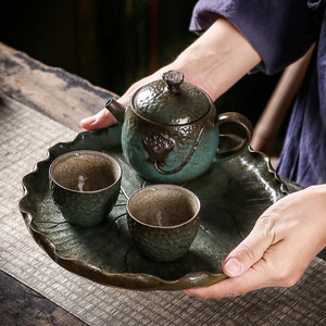 <span class=keywords><strong>Plateau</strong></span> à thé en céramique stoneware de style rétro japonais, avec finition en émail doré, motif feuille de lotus, pour service à thé Kung Fu et <span class=keywords><strong>table</strong></span> à thé - Product Image 4