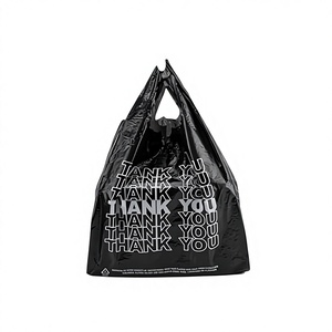 Bolsa de Plástico Negra para Camisetas con Impresión de Agradecimiento, Bolsa de Compras Desechable de HDPE con Asa Larga para Negocios - Product Image 1