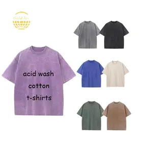 Acid Wash kaus untuk pria, kaos kerah bulat ukuran besar mode katun 230GSM 100%