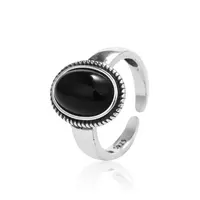 خاتم عقيق دائري أسود قابل للتعديل من الفضة الإسترلينية 925 على الموضة التايلاندية