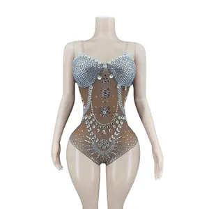 Dropshiping Women Dress Shiny Rhinestone Sequined Jumpsuit Performance Wear For Women Sparkly Bodysuit Dance Costume Stage