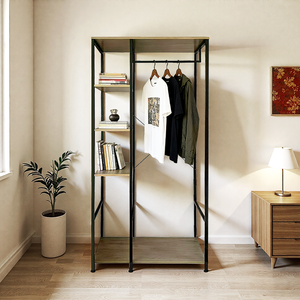 Porte-vêtements en métal noir avec panneau en bois pour vêtements, chaussures et chapeaux – Offre spéciale - Product Image 5