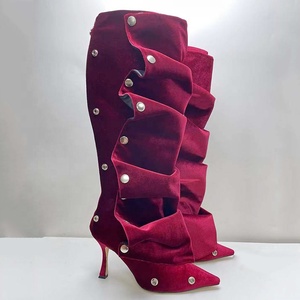 Nuevos Colores, Botas Altas hasta la Rodilla para Mujer, con Remaches Metálicos, Parte Superior Plisada, Tacones Altos Finos, Punta Puntiaguda, Ajuste Ancho - Product Image 4